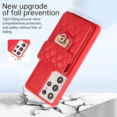 Asuwish Phone Case for Samsung Galaxy S21 Ultra 5G Wallet Cover with Credit Card Holder Shoulder Crossbody Strap Long Lanyard Leather Cell Accessories S21ultra 21S S 21 21ultra G5 Women Girls Red in Saudi Arabia