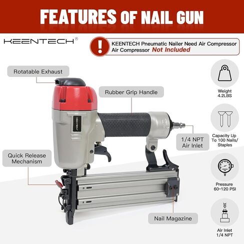 Pneumatic Brad Nailer, KEENTECH 2 in 1 Nail Gun Staple Gun Fires 18 Gauge 2 Inch Brad Nails and Crown 1-5/8 inch Staples, Silver & Red (KT5040) in Kuwait