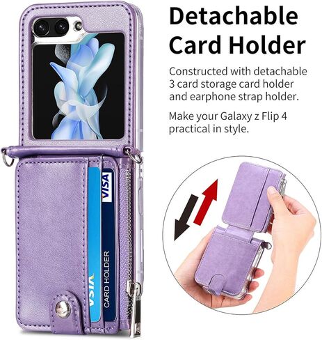 جراب SOOPII من جلد البولي يوريثان لهاتف Samsung Galaxy Z Flip 6، تصميم تخزين بسحاب، حزام كروس مضاد للانزلاق قابل للفصل وحامل بطاقات، غطاء هاتف بتغطية كاملة لجراب Flip 6، أرجواني in Kuwait