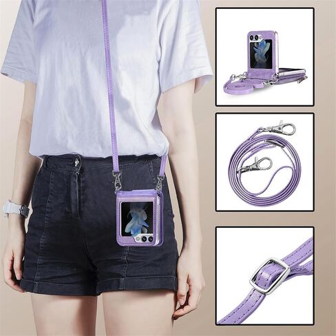 جراب SOOPII من جلد البولي يوريثان لهاتف Samsung Galaxy Z Flip 6، تصميم تخزين بسحاب، حزام كروس مضاد للانزلاق قابل للفصل وحامل بطاقات، غطاء هاتف بتغطية كاملة لجراب Flip 6، أرجواني in Kuwait