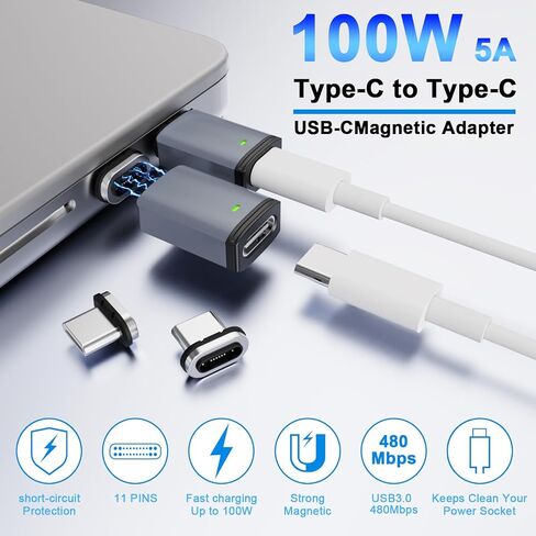 محول مغناطيسي USB C (2 حزمة + 4 منافذ ذكر)، محول مغناطيسي من النوع C مستقيم 11 سن، يدعم الشحن السريع PD 100 وات، سرعة نقل 480 ميجابت في الثانية، متوافق مع MacBook Pro/Air ومعظم أجهزة USBC in Kuwait