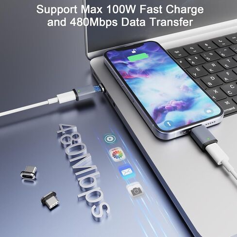 محول مغناطيسي USB C (2 حزمة + 4 منافذ ذكر)، محول مغناطيسي من النوع C مستقيم 11 سن، يدعم الشحن السريع PD 100 وات، سرعة نقل 480 ميجابت في الثانية، متوافق مع MacBook Pro/Air ومعظم أجهزة USBC in Kuwait