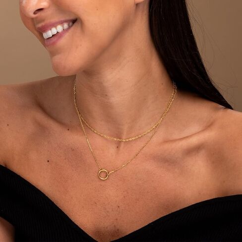 Galis Layered Gold Necklaces for Women - Gold Plated Set 14.5" & 16.5" + 2" Extension with Small Round Faux Diamond Pendant, Trendy CZ Diamond Solitaire Necklace for Women with Lobster Clasp in Kuwait