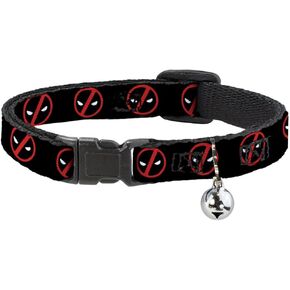 Marvel Comics Cat Collar, Breakaway Collar with Bell, Deadpool Logo Black Red White, 8.5 to 12 Inches 0.5 Inch Wide