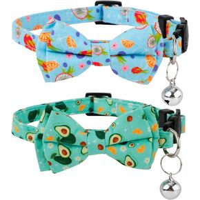 2pcs Summer Cat Collars, Cute Fruit Theme Cat Collar with Bowtie & Bell Adjustable Soft Cat Bow Tie Collar with Dragon Fruit Avocado Pattern for Girls Boys Kitten (Blue, Green)