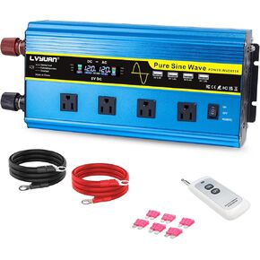 LVYUAN Pure Sine Wave Inverter 2500 Watt Inverter 12V to 110V DC to AC with Remote Controller, LCD Display 4 AC Sockets and 4 USB Charge Ports for Home Car Truck Solar System