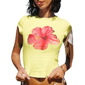 Graphic Baby Tees for Women Y2k Short Sleeve Floral Print Crop Tops Vintage Aesthetic Summer Teens Girl T-Shirt