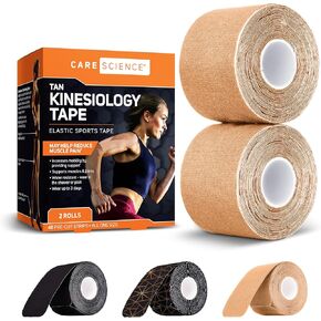 Care Science Waterproof Kinesiology Tape, 40 ct Precut Strips (2 Rolls), Black | Elastic Sports & Weightlifting Tape Supports Muscles & Joints. Water Resistant