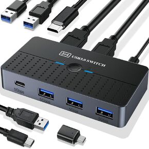 USB 3.0 Switch 2 Computers Sharing USB C & A Devices, 4 Ports USB Switcher for PC Laptop Mouse Keyboard Printer KVM Switch Selector with 3 USB Cables/1x USB A to USB-C Adapter