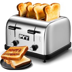 PYY 4 Slices Toaster Commercial - Pop Up Wide Slots 1.57in Stainless Steel 6-Level Setting, Toaster with Removable Crumb Tray, 225 Slices/Hour 1800W - Bread, Bagels, Breakfast, Texas Toast, Restaurant