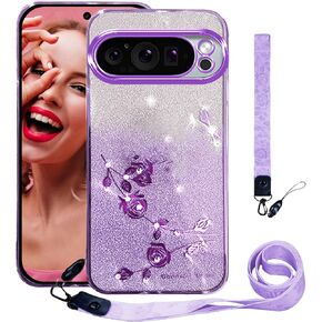 CCSmall for Google Pixel 9/9 Pro Bling Case Crossbody Lanyard for Woman Girls, Glitter Diamond Flower Shoulder Strap Wristband Cute Sparkle Protective Case Cover for Google Pixel 9 Pro YSH Purple