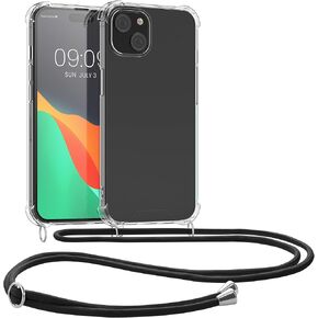 kwmobile Crossbody Case Compatible with iPhone 15 Case - Clear TPU Phone Cover w/Lanyard Cord Strap - Transparent/Black