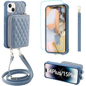 MONASAY Zipper Wallet Case Compatible for iPhone 15 Plus/14 Plus,6.7in[Screen Protector][RFID Blocking]Flip Leather Handbag Phone Cover with Card Holder&Detachable Crossbody Lanyard Strap, Light blue