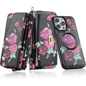 LITOU AIFENGCASE Compatible with iPhone 12 Pro/12 Crossbody Shoulder Strap Zipper Wallet Case Leather for Women Card Holder Magnetic Detachable Case,BF