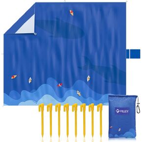 VILLEY Beach Blanket Waterproof Sandproof, Extra Large Beach Mat 60"x56" / 128"x108" for 1-8 Adults, Beach Blanket with 4/8 Stakes & 4 Corner Pockets, Outdoor Beach Accessories for Travel, Camping