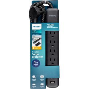 Philips 4-Outlet Surge Protector, 4ft Braided Cord, 1-USB-C, 1-USB-A, Extension Cord, Power Strip, for Home, School, or Office, 15W, 450J, Black, SPP3393B/37