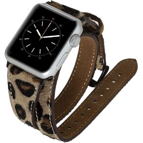 Venito Serena Slim Double Wrap Leather Watch Band Compatible with Apple Watch iwatch Series 1, 2, 3, 4, 5, 6, 7, SE (Furry Leopard w/Black Stainless Steel Hardware, 38mm-40mm)