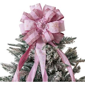 Christmas Tree Topper Bow Flower, Glitter Mesh Ribbon Patterns and Cute Flower Design, 50 X 12 Inch Christmas Handmade Bow for Home, Wedding, Birthday Party, Indoor Outdoor Holiday Decor (Sliver)
