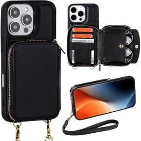 Zipper Wallet Case Compatible with iPhone 16 Pro, Crossbody Card Holder Phone Purse for Women, Leather Cover with Wrist Strap Lanyard for iPhone 16 Pro 6.3" 2024 - Black