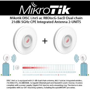 Mikrotik Outdoor Wireless CPE DISC Lite5 ac 21 dBi هوائي مزدوج السلسلة مع وحدة معالجة مركزية 5 جيجا هرتز 802.11a/n/ac 716 ميجا هرتز وذاكرة الوصول العشوائي 256 ميجابايت ومنفذ جيجابت إيثرنت 1x وحدتان in Kuwait