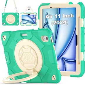 for iPad Air 11 Inch Case 2024 M2, iPad Air 11 6th Generation Shockproof Case with Screen Protector- Rotating Stand & Handle- Pencil Holder- Shoulder Strap- Rugged Protective Cover, Blue/Red
