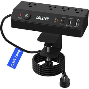 Desk Clamp Power Strip with PD 20W Fast Charging, COLSTAR Flat Plug Extension Cord 10 FT, Desk Mount Power Strip Surge Protector with 4 AC Outlet 4 USB Ports, Fit 1.8" Tabletop Edge (White)