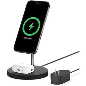 Belkin MagSafe 2-in-1 Wireless Charging Stand for Apple iPhone 16, iPhone 15, iPhone 14, iPhone 13 Series & AirPods - MagSafe Fast Charging Station for Multiple Devices - Black (Certified Refurbished)
