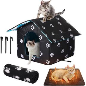 Outdoor Waterproof Cat House Stray Pet House Outdoor Houses for Feral Cat Houses for Outdoor Cats Dog Collapsible Cat Shelter with Cat Self Warming Pad, Cat Blanket, 3 Pcs Tent Stakes