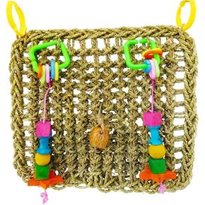 SunGrow Bird, Small Animals & Rabbit Foraging Wall Chew Toy with Hanging Hook, Seagrass Woven Mat with Colorful Wooden Blocks, Grind Teeth