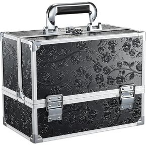 FRENESSA Makeup Train Case 11.8 Inch Extra Large Makeup Organizer Case 3 Trays with Mirror Cosmetic Travel Storage Box for Makeup Artist Nail Tech Craft Supplies Case Black