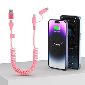 Multi Coiled 4-in-1 USBA/Type C to USB-C/Lightning Cable Combo for Apple Carplay& Android Auto,Black 3A 60W Fast Charge & Data Sync Car Charger Cord for iPhone 15/14/13/12，Samsung Galaxy,Android-MFi