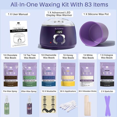 BLITZWAX Waxing Kit for Women Men Digital Wax Warmer Hard Wax Kit with 50 Wax Accessories 17.5oz Beans for Full Body Brazilian Bikini Armpit Hair Removal in Saudi Arabia