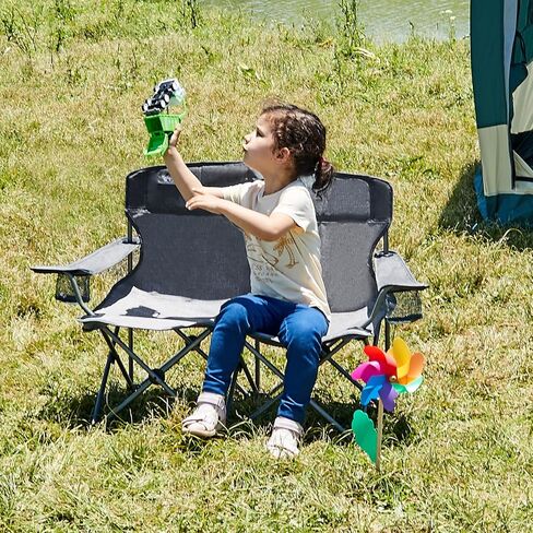 Busy Bee Kids Camping Chair, 30.3" Wide Loveseat, Perfect Kids Couch for Home Movie Nights, Patios, or Picnics, Adjustable Arms, Cup Holders and Anti-Collapse Lock, Supports up to 300 Lbs. in Saudi Arabia