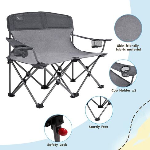 Busy Bee Kids Camping Chair, 30.3" Wide Loveseat, Perfect Kids Couch for Home Movie Nights, Patios, or Picnics, Adjustable Arms, Cup Holders and Anti-Collapse Lock, Supports up to 300 Lbs. in Saudi Arabia