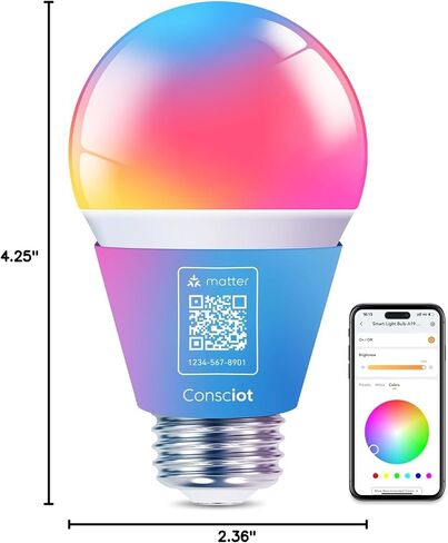 مصابيح الإضاءة الذكية Consciot، لمبة إضاءة LED متغيرة اللون بتقنية WiFi Bluetooth، مزامنة الموسيقى، لمبة ذكية مكافئة 60 وات، مصابيح إضاءة A19 E26 RGBTW تعمل مع Alexa/Google Home/Apple Home/Siri، 3 عبوات in Kuwait