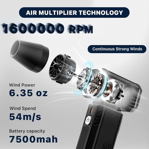 منفضة هواء مضغوط 160000 دورة في الدقيقة - منفضة هواء كهربائية قابلة للتعديل بدون خطوات - منفاخ هواء لاسلكي قابل لإعادة الشحن - منفاخ جاف نفاث لتنظيف لوحة المفاتيح والكمبيوتر الشخصي والسيارة والمنزل والخارج، أداة بديلة للهواء in Kuwait