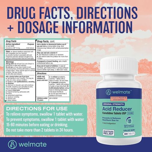 WELMATE - Famotidine Acid Reducer, 20mg - Maximum Strength - Heartburn Relief - Acid Indigestion - Stomach Relief - Works in 15 Minutes, 12 Hour Relief - Generic Medication - Value Size - 300 Tablets in Kuwait