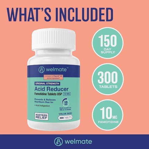 WELMATE - Famotidine Acid Reducer, 20mg - Maximum Strength - Heartburn Relief - Acid Indigestion - Stomach Relief - Works in 15 Minutes, 12 Hour Relief - Generic Medication - Value Size - 300 Tablets in Kuwait