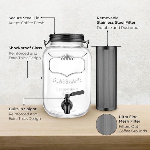 Cold Brew Mason Jar (128 oz) Iced Coffee Cold Brew Pitcher Home, 1 Gallon Cold Brew Coffee Maker for Brewing Ice Coffee and Tea, Cold Brew Glass Pitcher with Filter, Large Cold Brew Maker (Silver) in Kuwait