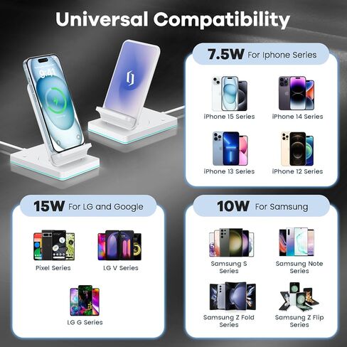 Wireless Charger, 15W Fast Phone Charging Stand for Samsung Galaxy S23 Ultra/S22/Note 20/Z Flip 6/5/4/Z Fold 6/5/4, Rotatable Qi Charger for iPhone 15/14/13/12/Pro/Plus/Pro Max, White(No AC Adapter) in Kuwait