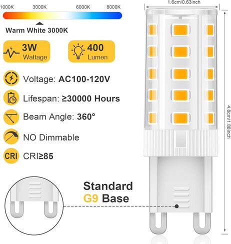 مصابيح G9 LED، 3000K أبيض دافئ 5W 450LM LED لمبات الإضاءة، لا وميض غير قابل للتعتيم، 40W لمبة هالوجين مكافئة، 120V Bi Pin G9 لمبات قاعدة للإضاءة المنزلية، 6 عبوات in Kuwait
