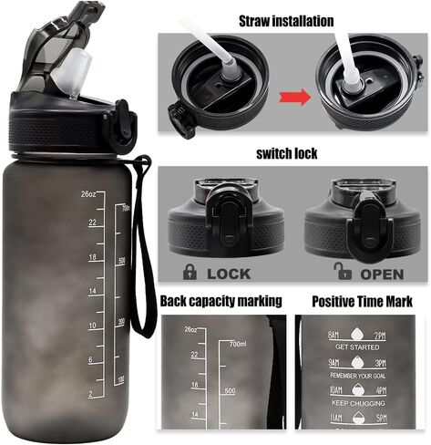 23oz Sports Water Bottle Outdoor, with Drinking Time and Capacity Labels, Sport Water Cups with Straw,BPA Free Leak Proof,for Fitness Gym Running Climbing(32oz Black red) in Saudi Arabia