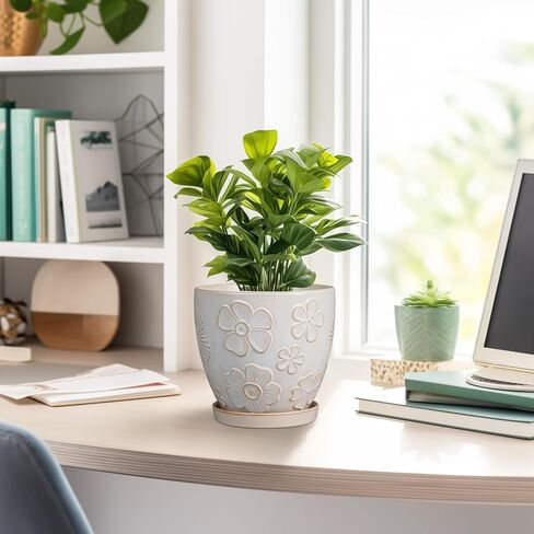 6 Inch Ceramic Plant Pot for Indoor Plants Outdoor Round Planter Flower Pot with Drainage Hole and Saucer for Home Garden Office Decor White in Saudi Arabia
