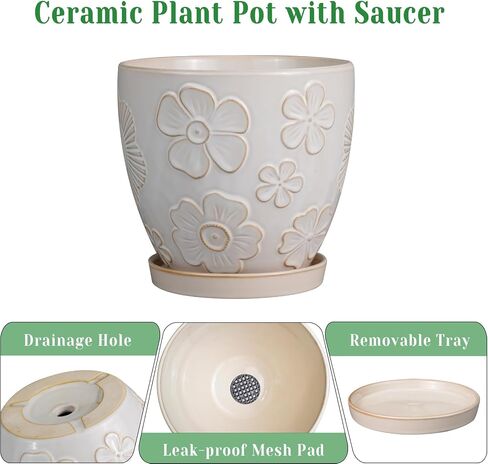 6 Inch Ceramic Plant Pot for Indoor Plants Outdoor Round Planter Flower Pot with Drainage Hole and Saucer for Home Garden Office Decor White in Saudi Arabia