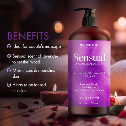 MAJESTIC PURE Lavender Massage Oil for Men and Women - Great for Calming, Soothing and to Relax - Blend of Natural Oils for Therapeutic Massaging and Aromatherapy - 8 fl oz. in Saudi Arabia