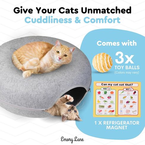 Emory Lane - Premium Cat Cave for Small Pets, Multifunctional Donut Tunnel Bed for Indoor Pets, Round Felt Pet Cave with Premium Zipper, for Pets up to 40 Lbs (24x24x11 Inch) (Dark Gray) in Saudi Arabia