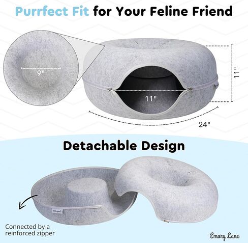 Emory Lane - Premium Cat Cave for Small Pets, Multifunctional Donut Tunnel Bed for Indoor Pets, Round Felt Pet Cave with Premium Zipper, for Pets up to 40 Lbs (24x24x11 Inch) (Dark Gray) in Saudi Arabia