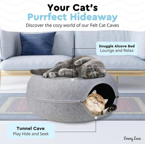 Emory Lane - Premium Cat Cave for Small Pets, Multifunctional Donut Tunnel Bed for Indoor Pets, Round Felt Pet Cave with Premium Zipper, for Pets up to 40 Lbs (24x24x11 Inch) (Dark Gray) in Saudi Arabia