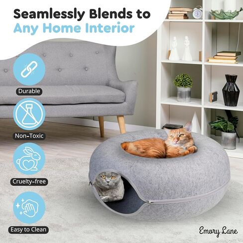 Emory Lane - Premium Cat Cave for Small Pets, Multifunctional Donut Tunnel Bed for Indoor Pets, Round Felt Pet Cave with Premium Zipper, for Pets up to 40 Lbs (24x24x11 Inch) (Dark Gray) in Saudi Arabia