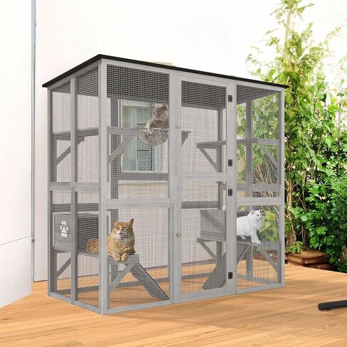 حاوية قطط خارجية من YITAHOME Catio كبيرة، بيت خشبي طويل القامة للقطط مع سقف إسفلت مقاوم للعوامل الجوية، قفص لعب للقطط مع منصات متعددة وصندوقين للراحة، 70.9 بوصة طول × 38.2 بوصة عرض × 70.9 بوصة ارتفاع in Saudi Arabia